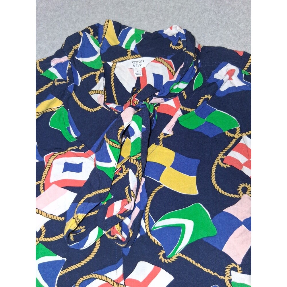 Crown & Ivy Nautical Flag Long Sleeve Blouse Size L Multicolor Coastal Tie Neck - Picture 3 of 10